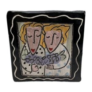 Hand Painted Art Pottery Tile 4" Girls Gathering Grapes Folk Art Plaque